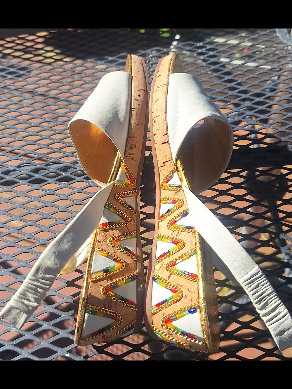 Vtg Mario Bologna Riccione White Leather Cork Wedge Sandals w/ Gold Beads 8 - Picture 4 of 10